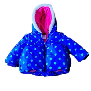 Gymboree toddler green polka dot puffy blue jacket w/ hood & faux white fur new